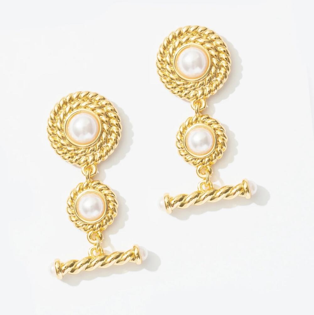 NWOT Frasier Sterling Derby Earrings Drop Dangle 14K Gold Plated Faux Pearl